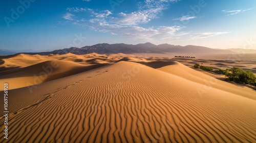 A desert landscape with a blue sky in the background