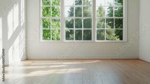 A bright, airy room with large windows allowing natural light and a view of greenery outside, featuring wooden floors and minimal decor.