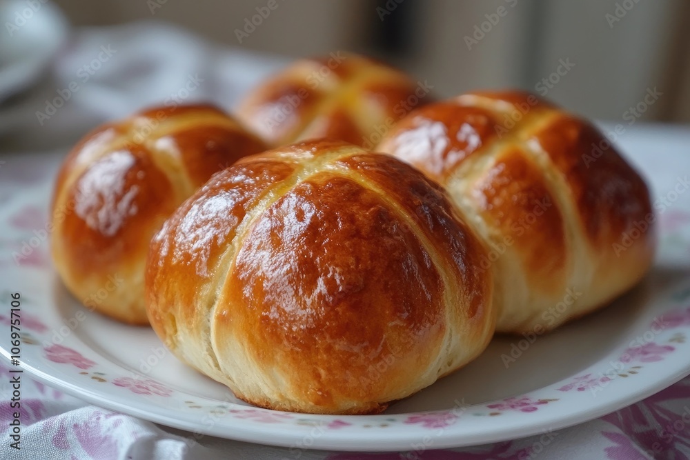 Freshly baked hot cross buns resting on a plate Freshly baked hot cross buns resting on a plate
