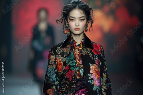 Fashion model showcasing a designer floral dress during a fashion runway show