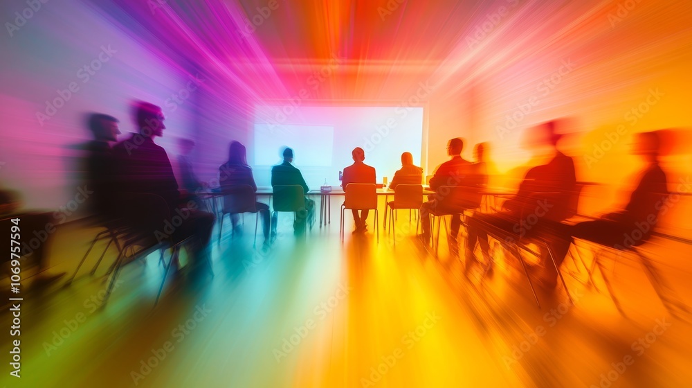 Abstract blurred image of education people and business people sitting in seminar room for profession seminar and the speaker is presenting new technology and idea sharing activity education concept Abstract blurred image of education people and business people sitting in seminar room for profession seminar and the speaker is presenting new technology and idea sharing activity education concept