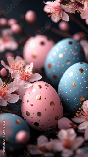 Easter eggs decorated with gold spots rest near cherry blossoms photo