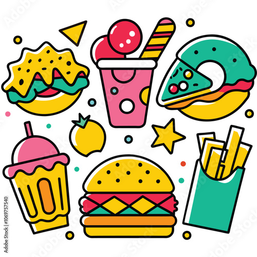 colorful illustration  random fast food doodle icons  