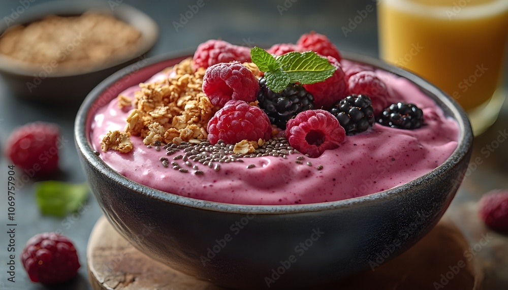 Colorful Breakfast Table with Smoothie Bowl and Fresh Juice Colorful Breakfast Table with Smoothie Bowl and Fresh Juice