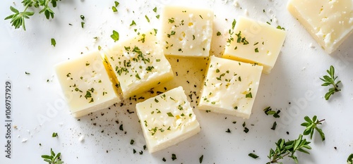 pieces of cubed cheese with herbs, isolated on a white background photo