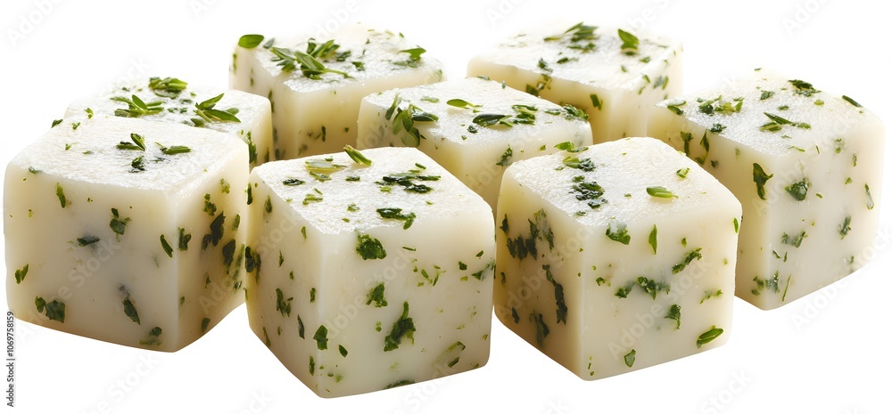 pieces of cubed cheese with herbs, isolated on a white background pieces of cubed cheese with herbs, isolated on a white background
