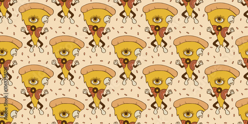 Groovy pizza slice seamless pattern. Funny retro hippy background texture
