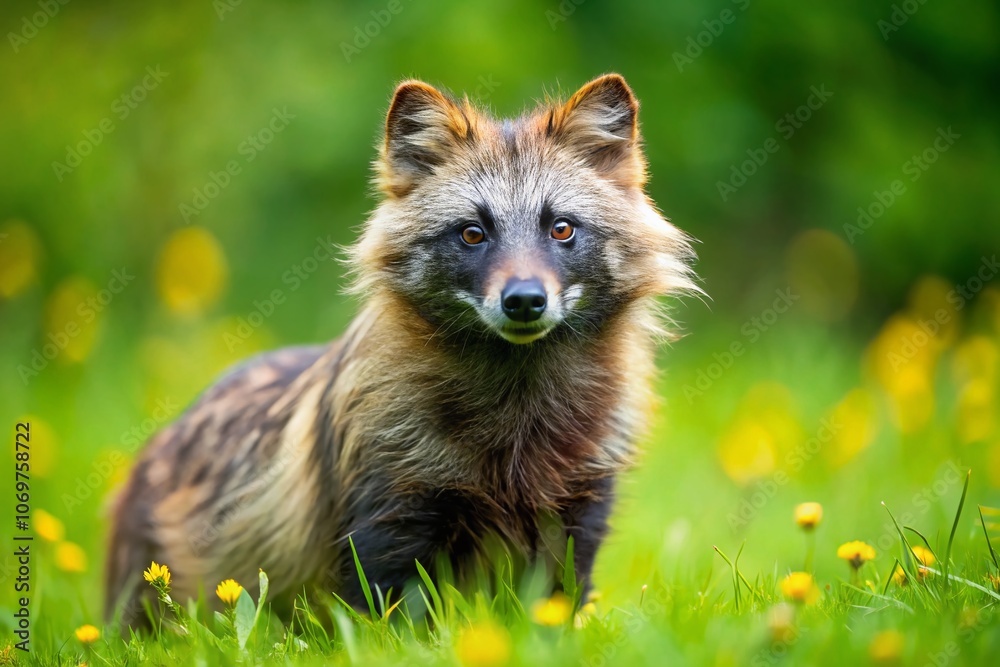 Horizontal Composition of a Wild Raccoon Dog in a Lush Green Meadow, Capturing Its Curious Expression in Summer, Showcasing the Beauty of Nature and Wildlife Photography Horizontal Composition of a Wild Raccoon Dog in a Lush Green Meadow, Capturing Its Curious Expression in Summer, Showcasing the Beauty of Nature and Wildlife Photography