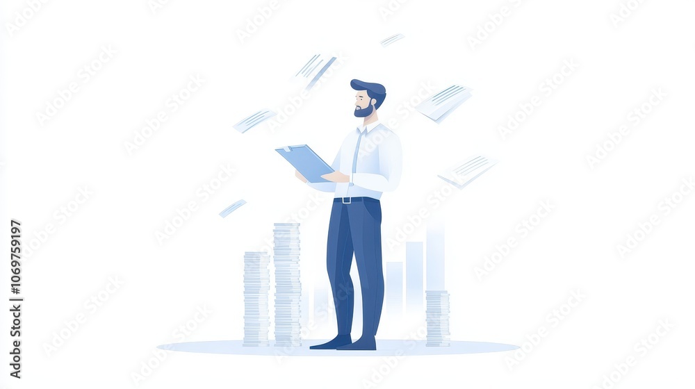 Modern Man in Contemplation: A modern man, engrossed in thought, holds a tablet as documents cascade around him, set against a minimalistic and clean background. Modern Man in Contemplation: A modern man, engrossed in thought, holds a tablet as documents cascade around him, set against a minimalistic and clean background.