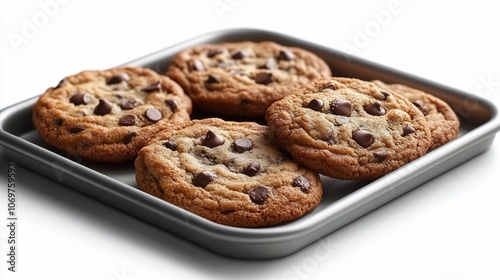 Four freshly baked chocolate chip cookies on a baking sheet.