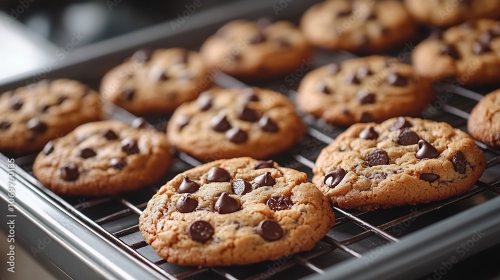 Freshly baked chocolate chip cookies cooling on a wire rack. Freshly baked chocolate chip cookies cooling on a wire rack.