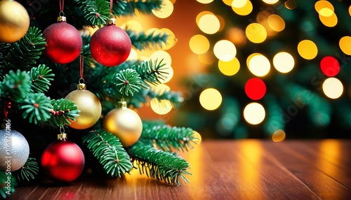 Festive christmas tree with colorful ornaments and warm lights bokeh background