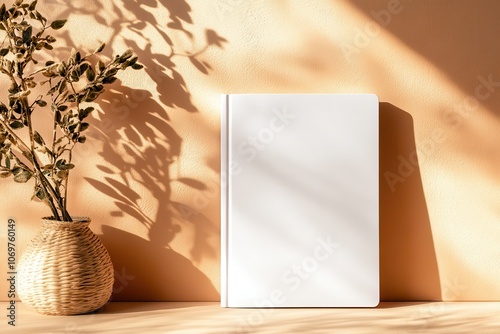 A minimalist composition featuring a blank notebook and a dried flower arrangement, illuminated by natural sunlight on a textured surface. photo