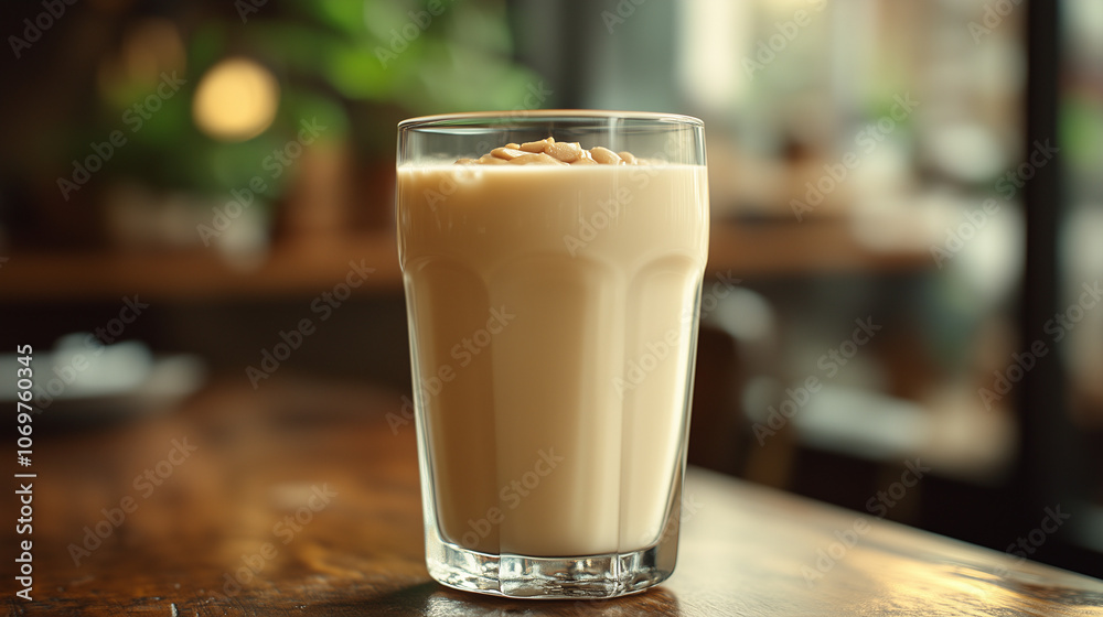 Creamy almond milk served in a tall glass topped with almonds Creamy almond milk served in a tall glass topped with almonds