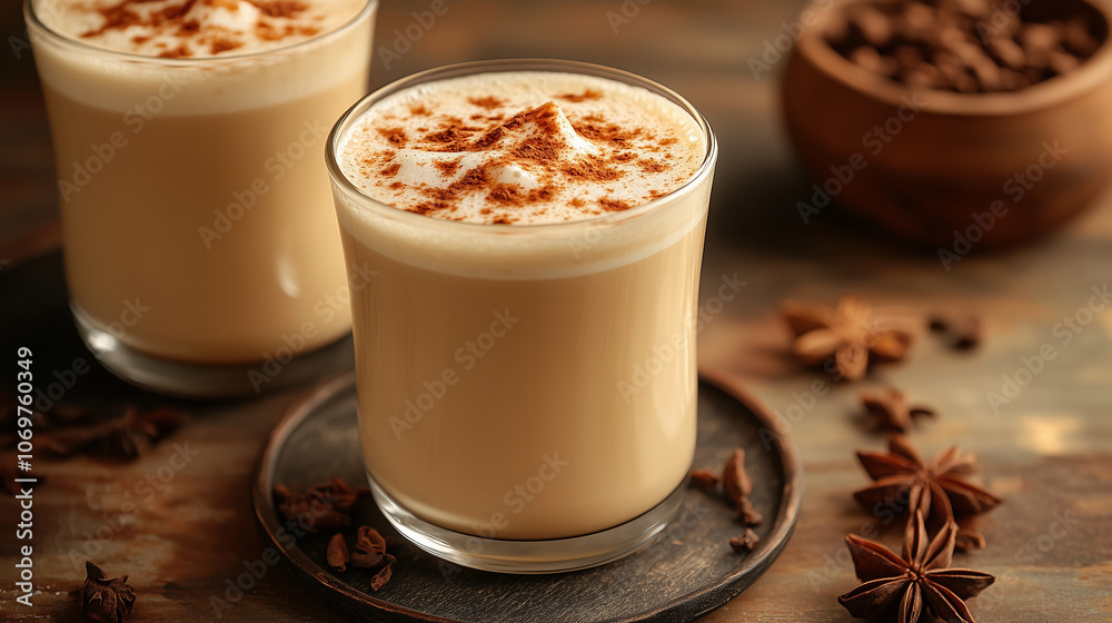 Delicious chai latte with a sprinkle of cinnamon served on a wooden tray