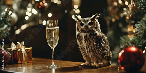 A small owl is sitting on a table next to a champagne glass photo