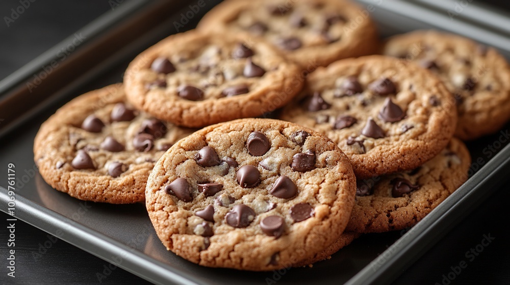 Close up of a baking sheet with a stack of freshly baked chocolate chip cookies. Close up of a baking sheet with a stack of freshly baked chocolate chip cookies.