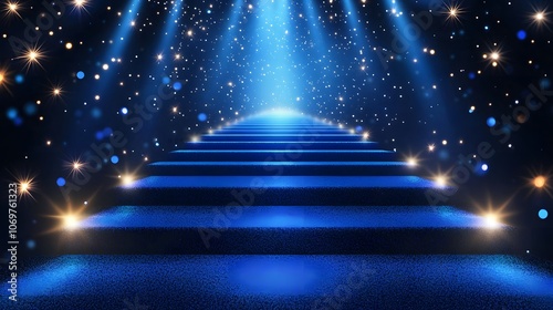 Bright Blue Runway with Light Streaks and Stars, Ideal for Presentations, Award Ceremony Events, and Technology-Themed Backgrounds. Luxury Scene Design Concepts. Vector illustrations.
