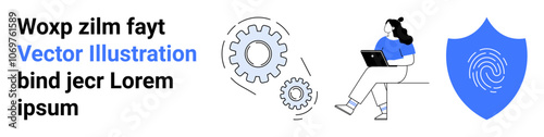 Gears, person using laptop, blue shield with fingerprint symbolizing technology and security. Ideal for tech services, cybersecurity, working remotely, software engineering, online protection