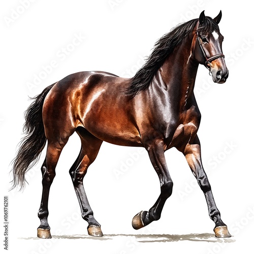 A Brown Horse with a Black Mane and Tail Running Isolated on White Background. photo