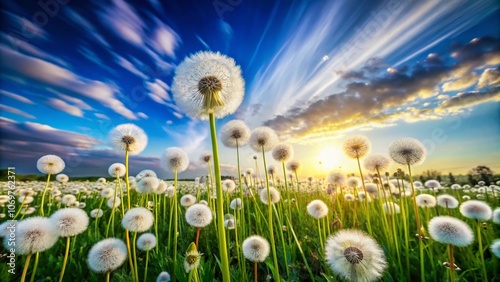 Long Exposure of a Serene Field Blanketed with Dandelions Under a Vast Blue Sky, Capturing the Essence of Nature's Beauty and Tranquility in a Dreamy Atmosphere