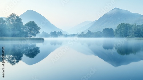 Misty morning over a calm lake with mountains in the background. The reflection of the mountains and trees are visible in the water.