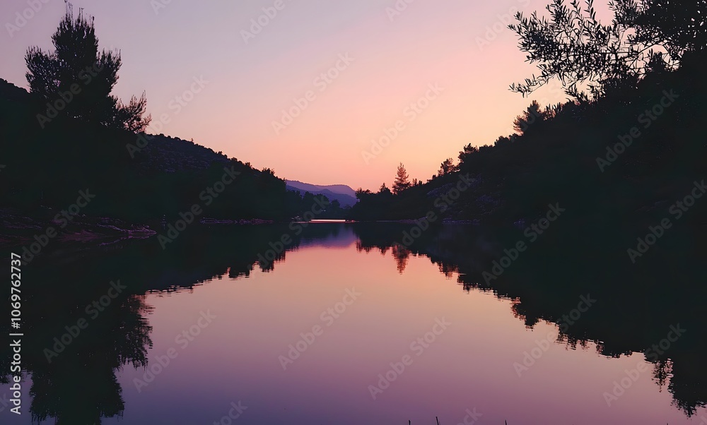lake reflecting the colors of an evening sky, with silhouettes of trees in the background lake reflecting the colors of an evening sky, with silhouettes of trees in the background