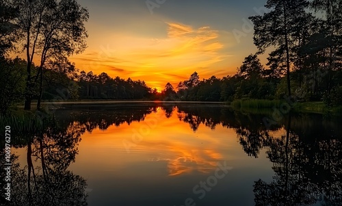 lake reflecting the colors of an evening sky, with silhouettes of trees in the background