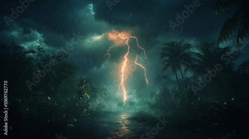 A dramatic lightning strike illuminates a tropical jungle during a heavy rainstorm.