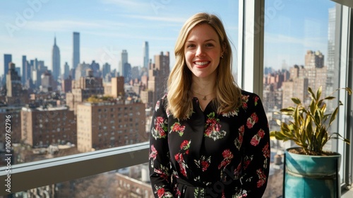 A confident woman prepares for her interview with a city view