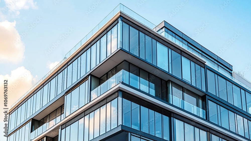 Modern Glass Building Architecture with Blue Sky and Clouds Modern Glass Building Architecture with Blue Sky and Clouds