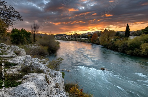 river with clear water flowing through the landscape, surrounded by trees and rocks photo