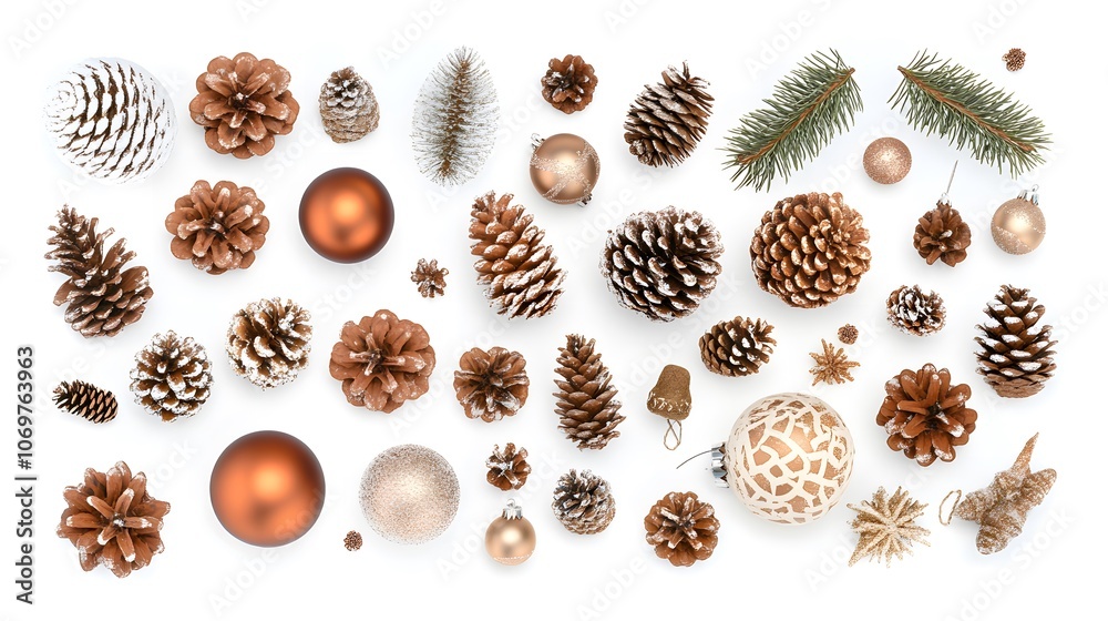 Flat lay of Christmas ornaments, pine cones, and festive decorations arranged on a white background Flat lay of Christmas ornaments, pine cones, and festive decorations arranged on a white background