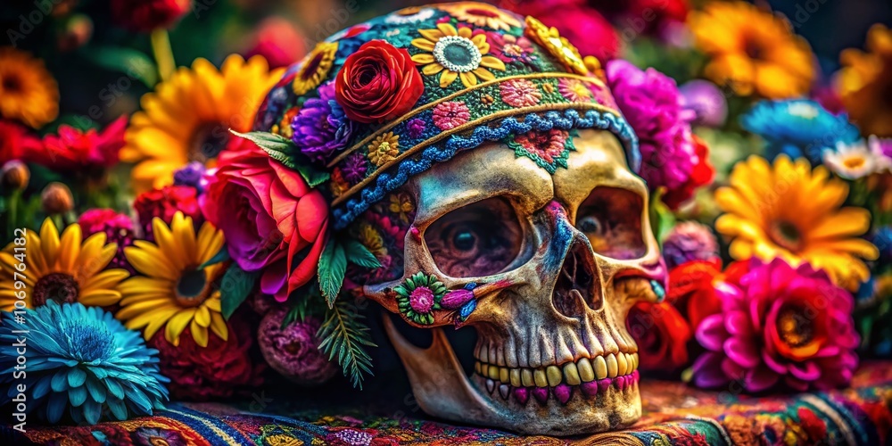 Fototapeta premium Macro Photography of a Creative Skull Adorned with a Colorful Bandana and Vibrant Flowers, Capturing Intricate Details and Unique Artistic Expression