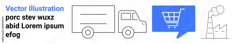 Delivery truck, shopping cart in blue speech bubble, and factory with smoke emissions. Ideal for e-commerce, logistics, manufacturing, business, retail, delivery services, industrial operations Delivery truck, shopping cart in blue speech bubble, and factory with smoke emissions. Ideal for e-commerce, logistics, manufacturing, business, retail, delivery services, industrial operations