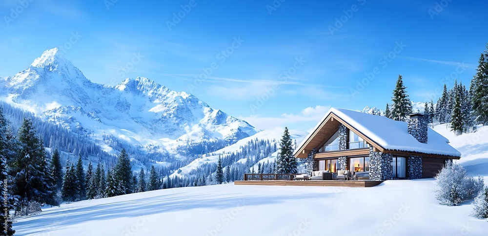 Naklejka premium Snowy Mountain Cabin Winter Wonderland Escape