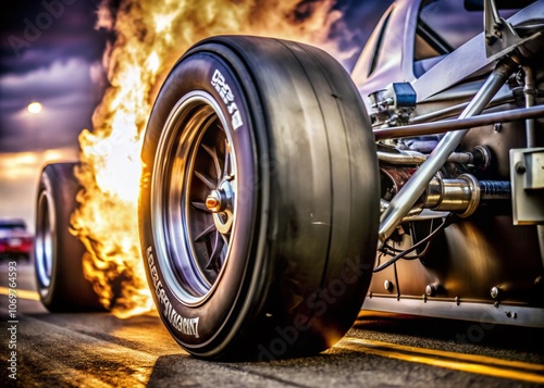 Macro Photography of Race Car Drag Racing Action: Engine, Tires, and Speed Captured in Stunning Detail for Automotive Enthusiasts and Sports Fans Alike photo