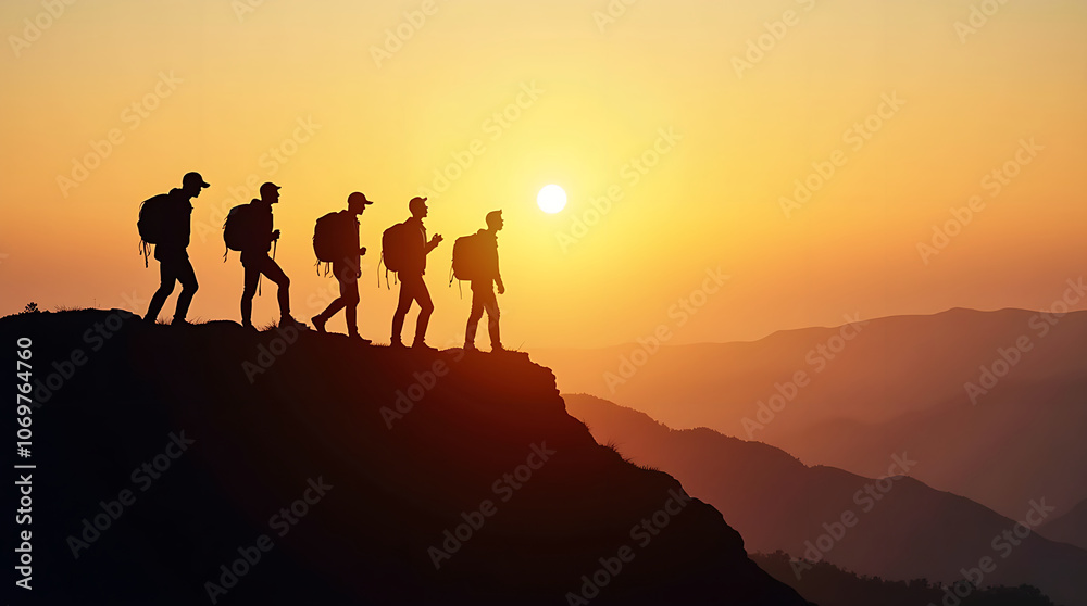 Silhouette of the team on the mountain. Leadership Concept. Silhouette of the team on the mountain. Leadership Concept.