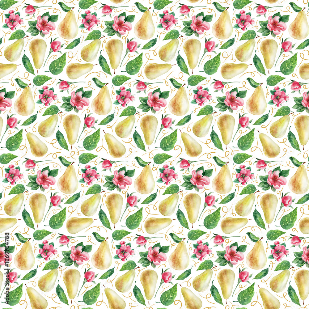 Watercolor seamless pattern with fruits, leaves and pear flowers Watercolor seamless pattern with fruits, leaves and pear flowers