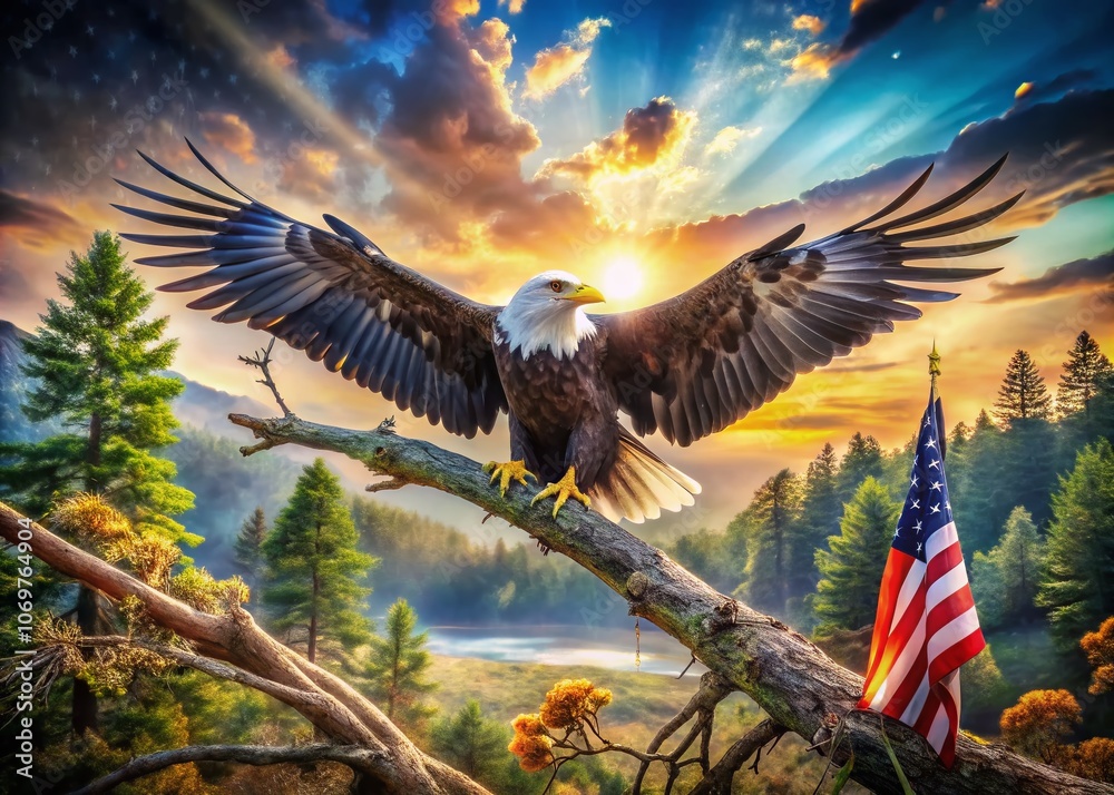 Obraz premium Majestic Bald Eagle with Outstretched Wings on Tree Branch, Capturing the Spirit of Freedom and Strength in a Natural Setting for 4th of July Celebrations