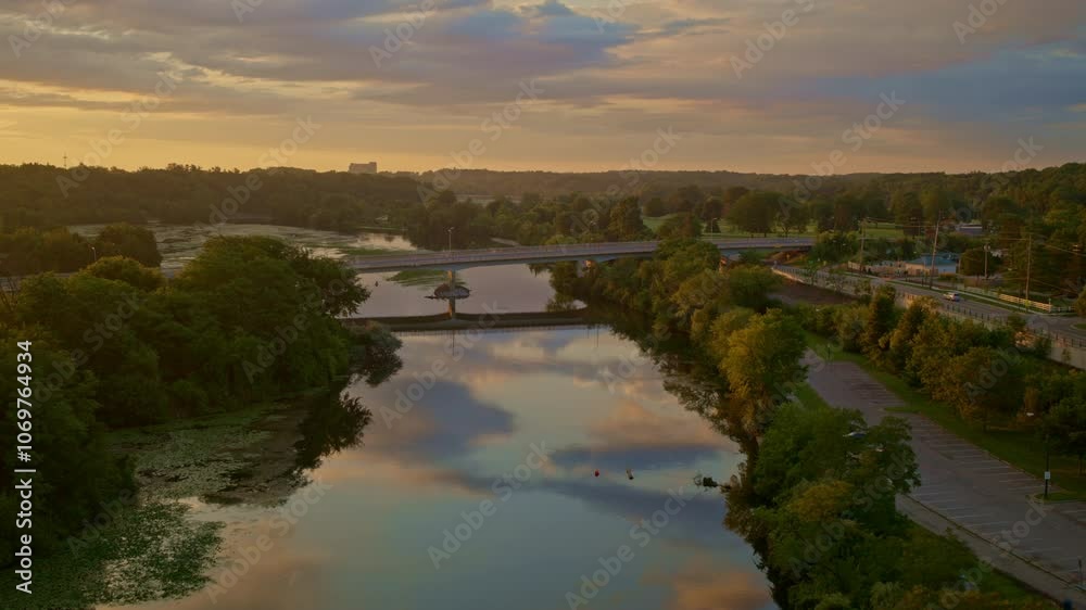 Huron River, Ann Arbor, Michigan, shown from a slow-moving drone in the summer. Huron River, Ann Arbor, Michigan, shown from a slow-moving drone in the summer.