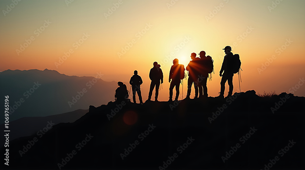 Silhouette of the team on the mountain. Leadership Concept. Silhouette of the team on the mountain. Leadership Concept.