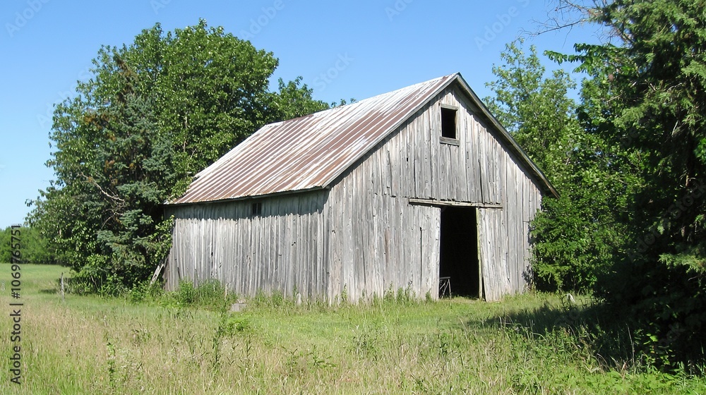 Old Wooden Barn with Rusty Metal Roof and Green Grass Old Wooden Barn with Rusty Metal Roof and Green Grass