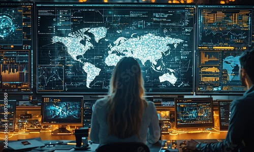 A high-tech control room displaying a global map and data analytics.