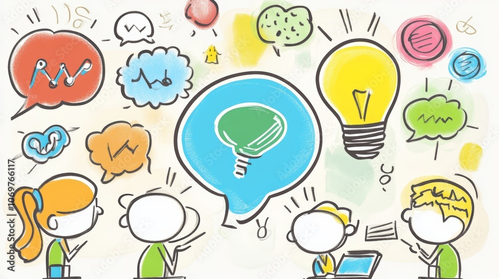 Illuminating ideas, a group of people collaborating with light bulbs and speech bubbles, showing teamwork, innovation, brainstorming Illuminating ideas, a group of people collaborating with light bulbs and speech bubbles, showing teamwork, innovation, brainstorming