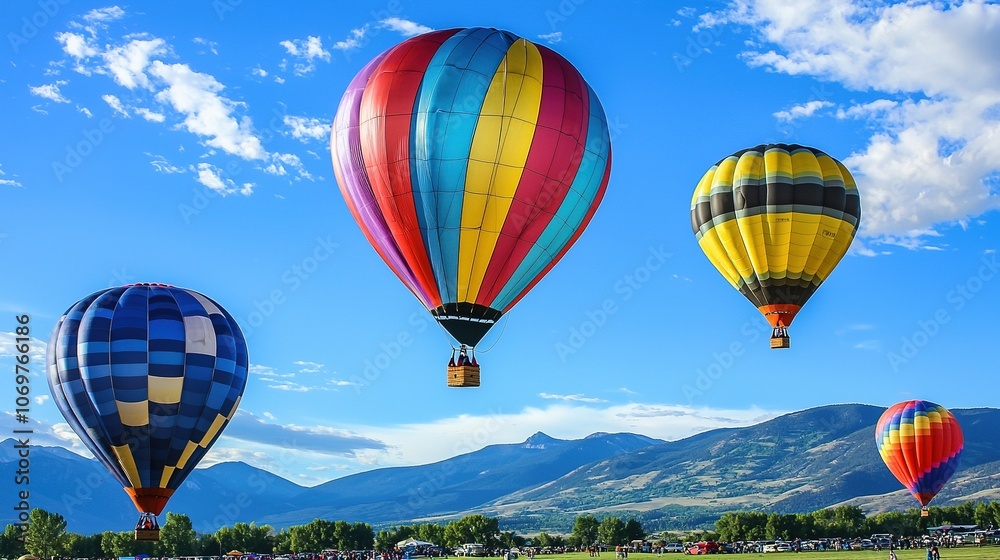 Fototapeta premium Colorful Hot Air Balloons Soaring Over Mountain Range