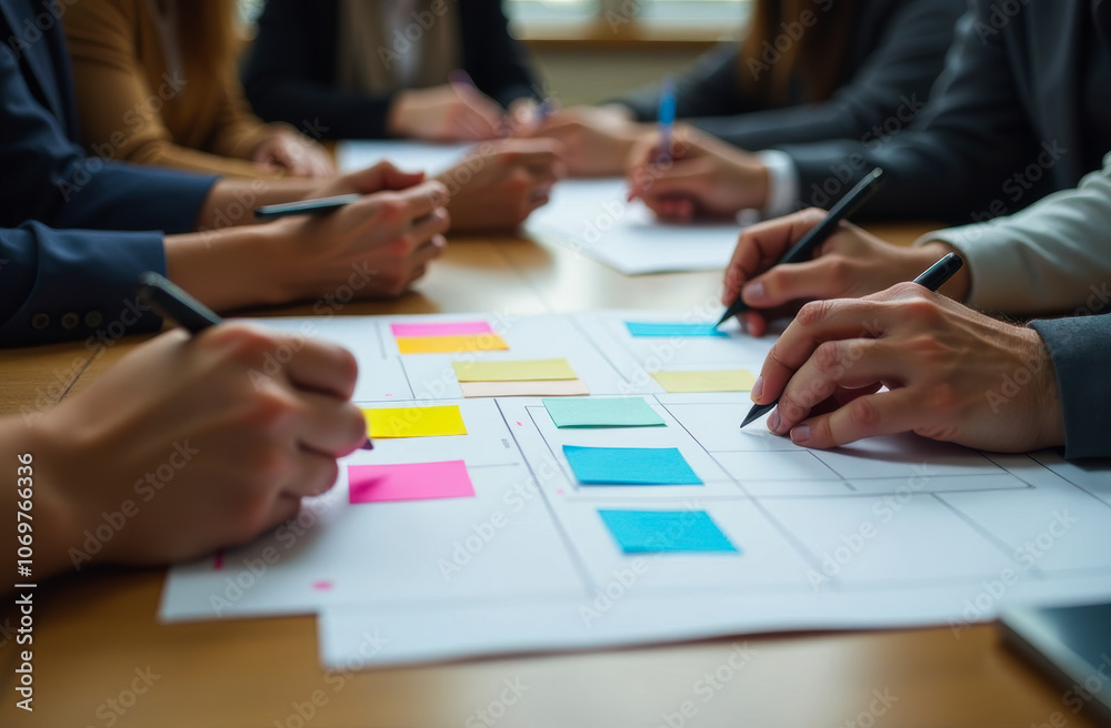 Close-up of a brainstorming session involving several hands, colorful sticky notes and documents scattered on the table. work environment Close-up of a brainstorming session involving several hands, colorful sticky notes and documents scattered on the table. work environment