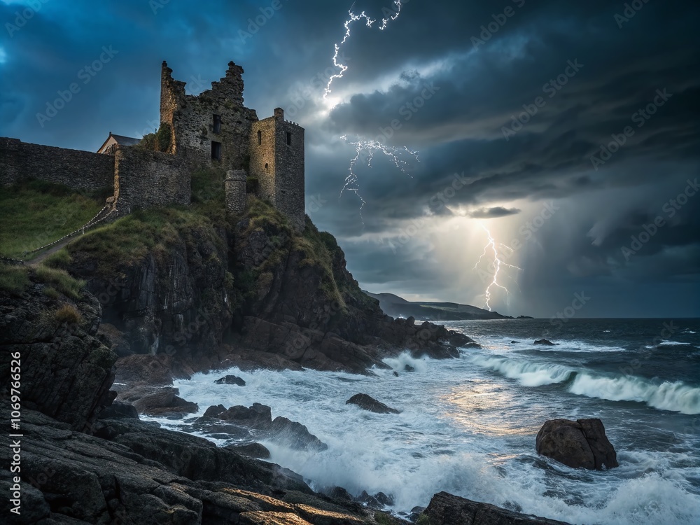 Majestic Ruined Castle on a Cliff Overlooking a Stormy Sea at Night, Illuminated by Lightning and Moonlight for Dramatic Landscape Photography Majestic Ruined Castle on a Cliff Overlooking a Stormy Sea at Night, Illuminated by Lightning and Moonlight for Dramatic Landscape Photography