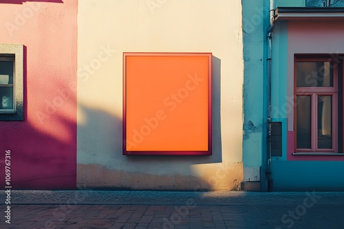 Front view of an empty light orange square billboard on the street, pastel-colored buildings in the background photo