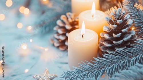 Glowing christmas candles and snowy pine cones on a serene blue background, festive winter scene